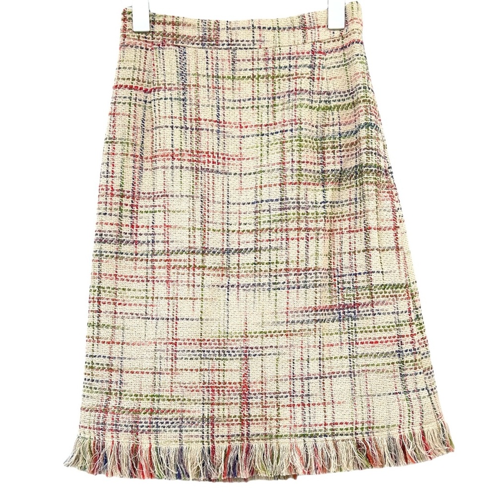 NWT AKRIS Punto Cream White Rainbow Tweed Cotton Linen Fringe Hem Mini Skirt - 2